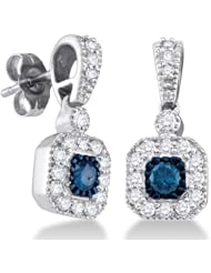 10K White Gold Channel Set Round White and Blue Diamond Square Shape Setting Dangle Earrings with Push Back Closure - (2/3 cttw)