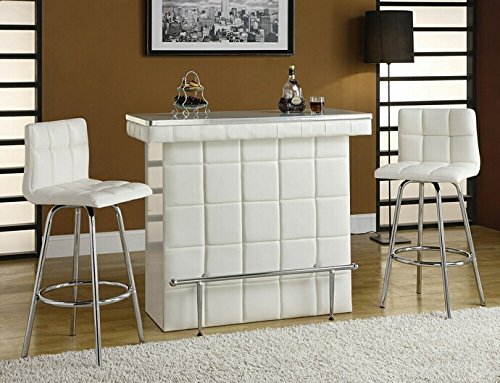 Ronni collection white tufted vinyl front bar table with glass top and chrome accents and footrest
