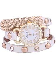 2013Newestseller Women Retro Mosaic Rivets Rhinestone Wrap Around Leatheroid Quartz Wrist Watch White