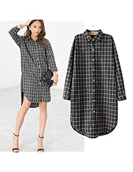 Cotton/Spandex Belted Plaid Print High-Low-Hem  Shirt  Dress