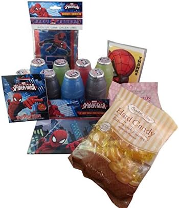 Spiderman Party Bundle | 1- 11 Foot Long Spiderman Happy Birthday Banner| Spiderman Themed Gift Bags | Spiderman Sticker Sheets | Two Bags Candy- Butterscotch and Strawberry Candies | Plus 8 Assorted Little Hugs Fruit Barrel Juice Drinks
