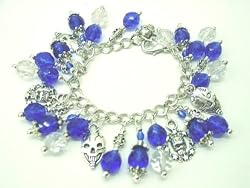 Chic Wrists We Love Skulls Bold Charm Bracelet, Blue Crystal, Metal Skull Charms with FREE Earrings