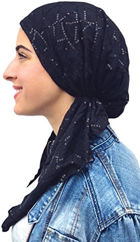 Pre Tied Fitted Bandana Head Scarf, Chemo Scarf (Black Sequins)