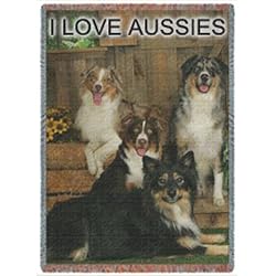 I LOVE AUSSIES Australian Shepherd Woven Throw Blanket Featuring Black & Red Tri and Red & Blue Merle 50x60