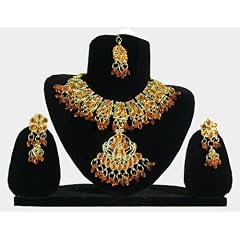 Bollywood Set Kareena orangefarbige Steine goldfarbene Fassung indischer Schmuck 3-teilig