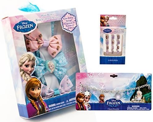 Disney Frozen Elsa &amp; Anna Set: Charm Bracelet (4 Charms) with metal charms and jelly faceted beads plus a Hair Bow Clips 3-PK and Pack of 12pc Press-on Nail