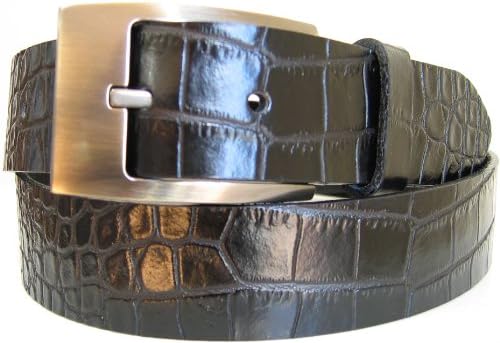 Belt by Ardente, Made in Italy, Crocodile Embossed Leather, Nickel Silver Buckle, 35mm (app.1-1/2"), Style - 9059 black 32"