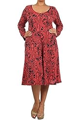 Plus Size A-line V-neck Tea Length Paisley Pleated Long Sleeves Polyester/Spandex  Dress