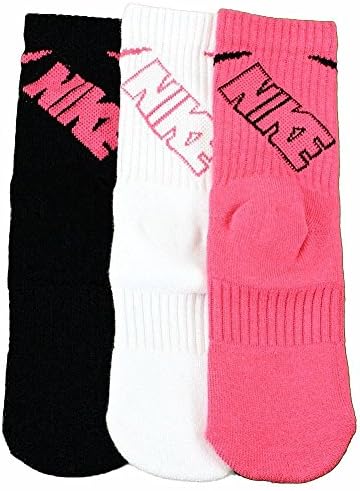 Nike Girl's 3-Pair Soft & Dry Pink Assorted Crew Performance Sport Socks Sz: 6-7; Fits 13-3