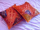 2 INDIAN MOTI ORANGE SARI TRIBAL THROW PILLOW COVERS