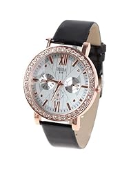 Quartz PU Leather Wrist Watch Analog Watch Timepiece with Rhinestones & 3 Sub-Dials Decor for Woman Lady - Black SWWM1-58497