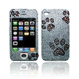 Silver Dog Paw Full Diamond Snap on Design Case Hard Case Cover + Double Side Screen Protector Film for Apple Iphone 4g