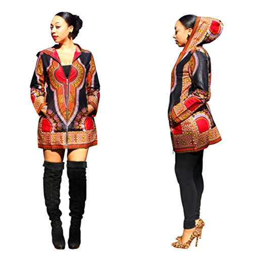 AMA(TM) Women Hooded African Print Casual Coat Long Sleeve Mini Dress