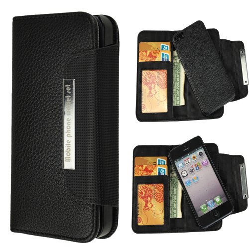 Black Detachable PU Leather Wallet Card Case & Back Cover With Detachable Hand Strap Wristlet and Card Slot Holder For Apple iphone 5 / 5S