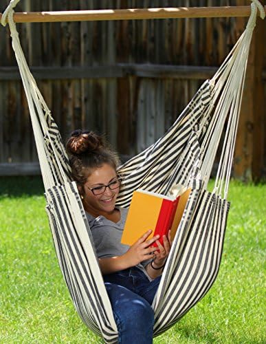Authentic Brazilian Hammock, Large Hanging Rope Chair Swing (Hand Made in Brazil) for Yards, Bedrooms, Porches, Indoor / Outdoor, Built by Traditional Artisans Ivory with Black Stripes