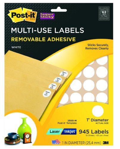 Post-it Super Sticky Removable Identification Labels, 1 Inch Diameter, White, 945 per Pack (2500-M)