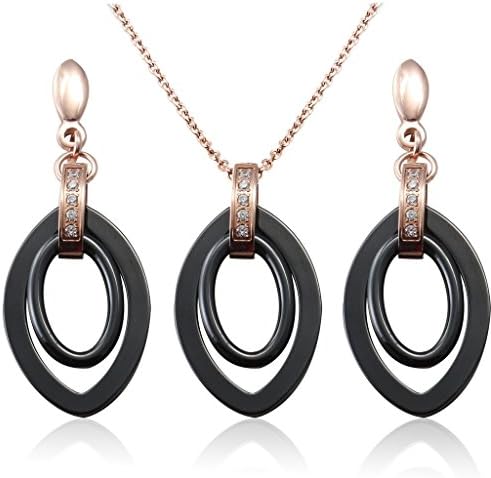 FR Stainless Steel Cz Jewelry Set Women's Black Ceramic Teardrop Pendant and Earrings