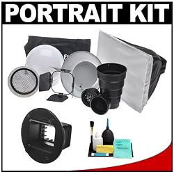 Interfit Strobies STR100 Portrait Kit with Beauty Dish Reflector, Globe Diffuser, Softbox, Barn Door, Snoot, Honeycomb Grid and SGM100 Flex Mount for Nikon Speedlight SB-600 / SB-800 & Olympus FL-36R Flash Units + Cleaning Kit