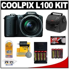 Nikon Coolpix L100 10 Megapixel Digital Camera (Matte Black) with 15x Optical Zoom + AA Batteries + Case + Accessory Kit