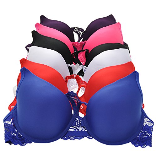 Angelina Racerback Bra. Wired, Padded, All-Lace Back. Pack of 6 Assorted-Color Bra #282, size 36B