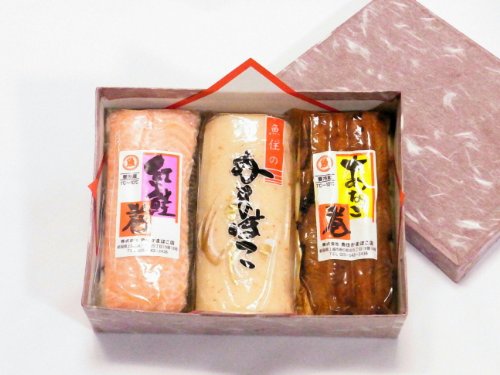 魚住かまぼこ店 珍味蒲鉾 詰め合わせ 3本入（紅鮭巻、穴子巻、明太子入）