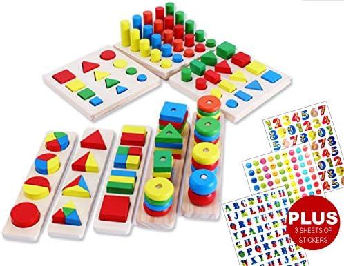 INTELLITOYZ Montessori 8 piece Wooden Learning Set PLUS 3 sets of Stickers