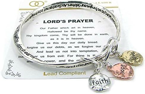Silver-tone Lord's Prayer Bangle Charm Engraved Bracelet W/Gift Box