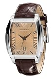 Emporio Armani Gents Tonneau Case Amber Dial Brown Leather Strap Watch