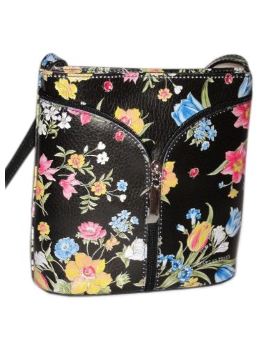 Italienische Leder Handtasche - kleine Abendtasche / Umhängetasche schwarz mit Blumenmuster