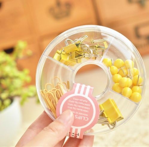 Dandyd Korean-style PVC Free Clips Set Binder Clips + Paper Clips + Push Pins 3 in 1 Donuts Container for Home Office School (Yellow)