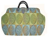 ArtisanStreet's Leaf Blocks Tapestry Carpet Bag with Shoulder Strap. Features Blocks in Multiple Shades of Blue Green. Limited Edition. Use as an Overnight Bag or Even as a Briefcase.