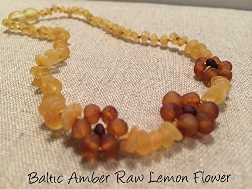 Raw Unpolished Baltic Amber Teething Necklace for Babies (Unisex) (Large beads Honey Multi Cherry Black Red Milk White Butter Yellow Cognac Brown Lemon) - Baby, Infant, and Toddlers will all benefit. Polished Anti Flammatory, Drooling & Teething Pain Reduce Properties - Natural Certificated Oval Baroque Round Baltic Jewelry with the Highest Quality Guaranteed. Easy to Fastens with a Twist-in Screw Clasp Mothers Approved Remedies! Helps some with stress, anxiety, colic, eczema, ADHD, acid reflux, GERD, gut issues, and heartburn. (Raw Lemon Flower)