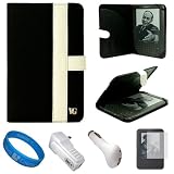 Anza Black and White Executive Nylon Protective Carrying Case Cover with 4-Way Corner Restraint Strap and Accessory Slots for Amazon Kindle 3G Graphite 6 inch Wi-Fi e-ink Display e-Book Reader + Anti Glare Clear Screen Protector + White USB Car Charger + White USB Wall / Home Charger + SumacLife TM Wisdom Courage Wristband