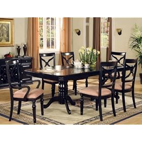 7pc Formal Dining Table and Chairs Set with Detail Carvings Black Finish by