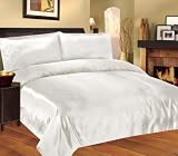 5163gmpnQ5L. SL160  4 Pieces Soft Reversible Satin Solid Pearl White Duvet Cover , Fitted Sheet, and Pillowcase Set for King Bed