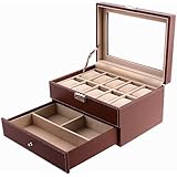 Songmics Brown Leather 10 Watch Box with Jewelry Display Drawer Glass Top Lockable Watch Case UJWB007