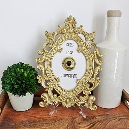 Press for Champagne ((Ringing Version)) | Oval Gold Home Decor Frame with Vintage Brass Push Button (includes wall hanger and stand)