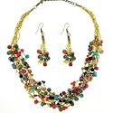 Gold Tone Colored Beads Multi Strand Necklace and Earrings Set