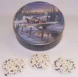 Scott's Cakes 1 lb. Dark Chocolate Covered Pretzel with White Chocolate Chips in a Sleigh Ride Tin