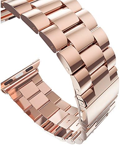 Apple Watch Band in Polished Rose Gold Solid Stainless Steel by Clixsy 42mm with 6 Removable Links and Adapters a Sturdy Two Clasp Buckle System also for the Sport Edition