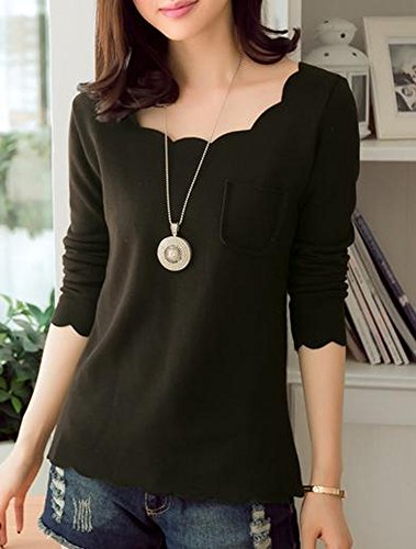 カットソー Tシャツ シャツ 大きい サイズ 有 可愛い フリル ネック 長 袖 トップス ガーリー 黒 (オリジナル・ブレスレットとサシェセット)