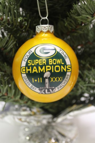 Green Bay Packers NFL “4 TIMES SUPER BOWL CHAMPIONS” Traditional 2 3/4″ Glass Christmas Ornament- Yellow
