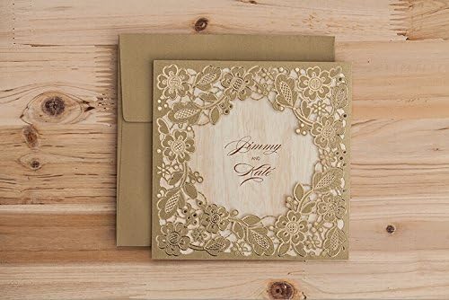 DiscountOne Golden Flower Wedding Invitations, Lace Invitation Cards, Laser Cut Wedding Invitations Meter Gold Free Printing (100)