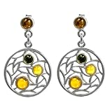 Sterling Silver Multicolor Amber Round Dream Catcher Earrings