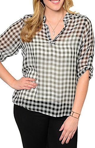 DHStyles Women's Plus Size Trendy Checkered Print Sheer Chiffon High Low Hem Top-3X - Black,White