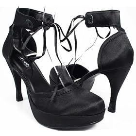 Black Satin Formal Shoes Heels Ribbon Anklet