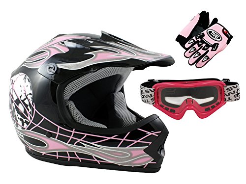 TMS® Youth Black Pink Skull Dirt Bike ATV Motocross Helmet with Goggles and Gloves (Large)