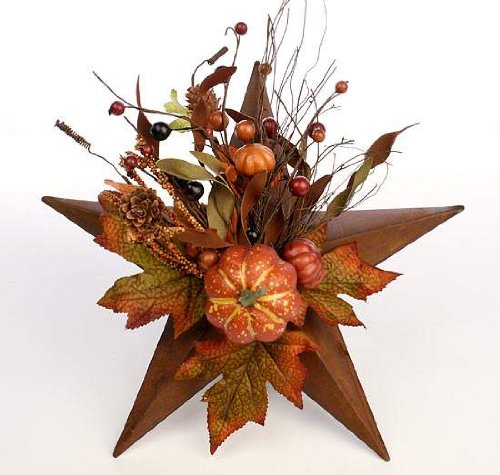 Primitive Rusted Barn Star with Harvest Berries, Pumpkins and Leaves Spray