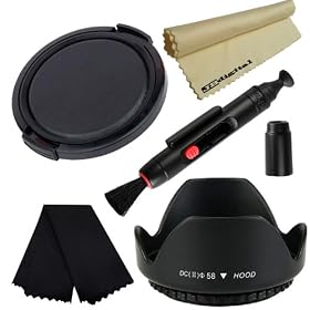 58MM Tulip Flower Lens Hood + 58MM Plastic Snap On Lens Cap + Lens Cleaning Pen System + 2 JB Microfiber Cleaning Cloths for CANON REBEL T3i T3 T2i T2 T1i XTi XT XSi XS