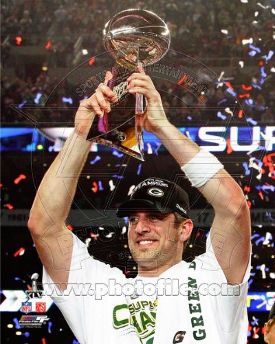 Aaron Rodgers with Lombardi Trophy at Super Bowl XLV - Green Bay Packers NFL 8x10 Photo